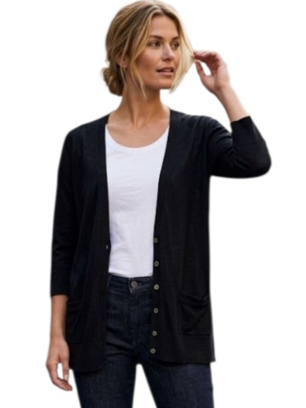 Yansi Fugel Black Silk Button-Front Women's Cardigan Medium